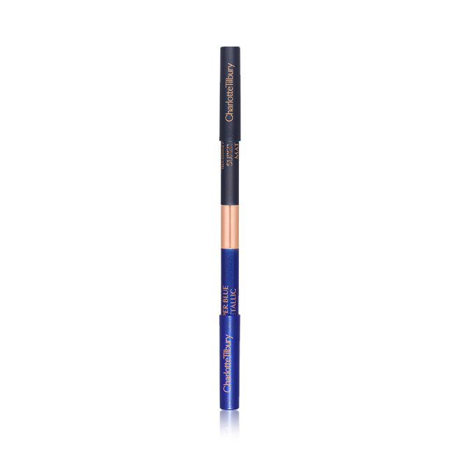 A closed, double-sided eyeliner pen with half of it a sapphire blue and the other half a teal blue. 