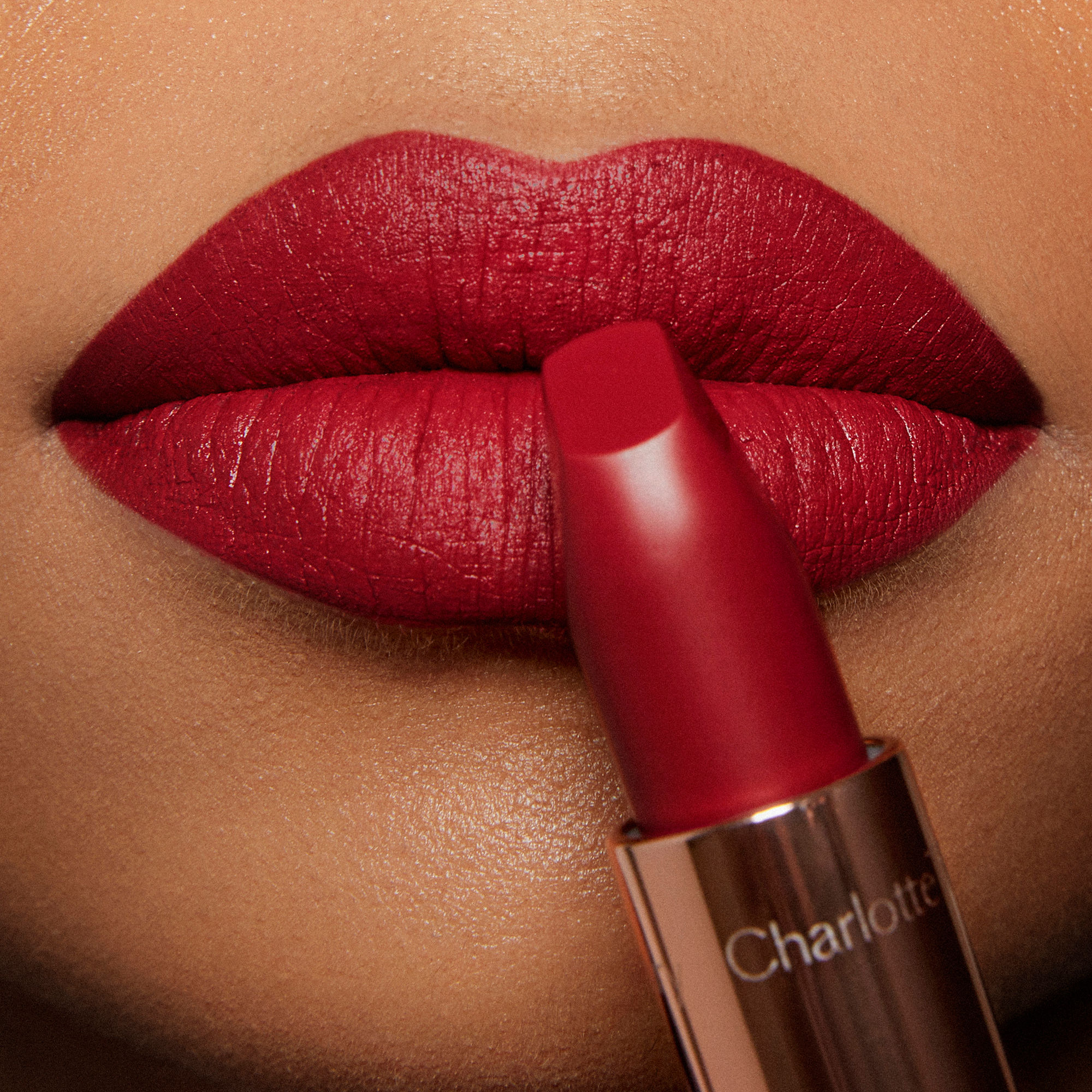 Red Carpet Red lip close up Model wearing Red Carpet Red ruby-red Matte Revolution lipstick