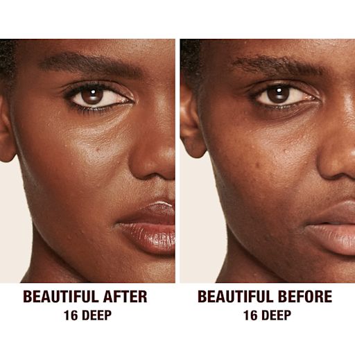 Beautiful Skin concealer in 16 on deep-tone model before and after Before and after of a deep-tone model without any makeup in the before shot and then wearing a radiant, concealer that brightens, covers blemishes, and makes her skin look fresh along with nude lip gloss and subtle eye makeup.