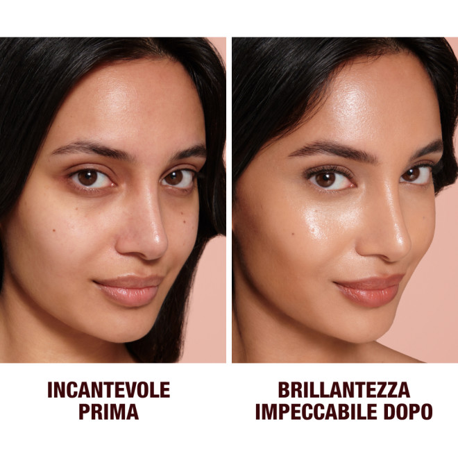 Close-up of a before and after of a medium-tone model wearing smokey brown and black eye makeup with a  glow-boosting primer that blurs her pores and makes skin look flawless. 