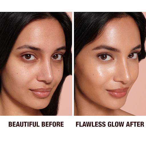 Hollywood Flawless Filter in shade 4.5 before and after on light-tone model Close-up of a before and after of a medium-tone model wearing smokey brown and black eye makeup with a glow-boosting primer that blurs her pores and makes skin look flawless.
