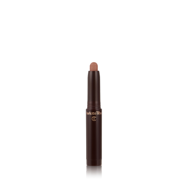 An open cream eyeshadow wand in a cool, nudey-brown matte shade in black-coloured tube.