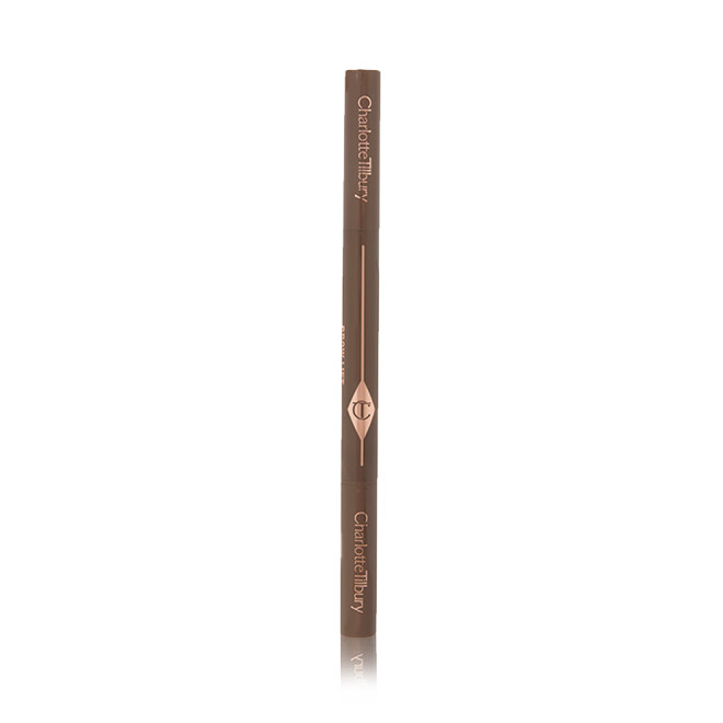 A closed, double-ended eyebrow pencil and spoolie brush duo in medium-brown-coloured packaging 