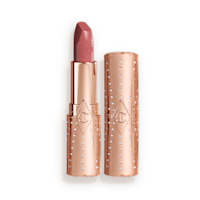 Look of Love Matte Revolution Lipstick in Wedding Belles open An open, rose-bud pink lipstick in a metallic, golden-coloured tube with its lid next to it.