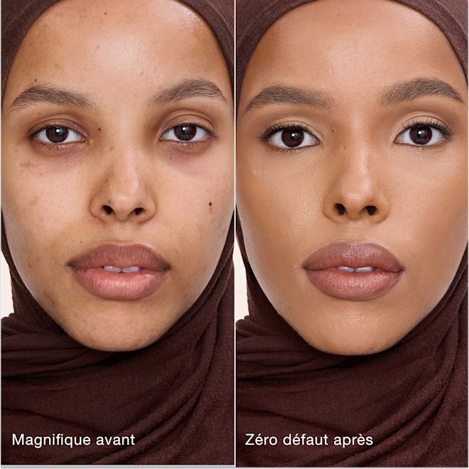 Avant/après Airbrush Flawless Concealer - 9 Tan (Médium à Foncé) Comparaison côte à côte de la peau avant et après l'application de l'Airbrush Flawless Concealer de Charlotte Tilbury, avec les étiquettes de texte « Magnifique avant » et « Zéro défaut après ».