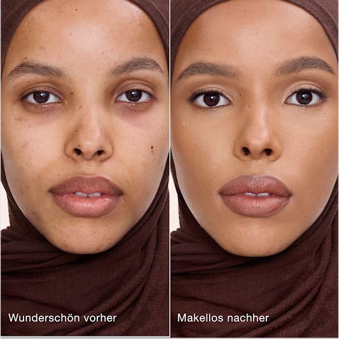 Airbrush Flawless Concealer − 9 Tan − vorher und nachher Ein direkter Vergleich zeigt die Haut vor und nach dem Auftragen des Charlotte Tilbury Airbrush Flawless Concealers mit den Beschriftungen „Wunderschön vorher“ und „Makellos nachher“.