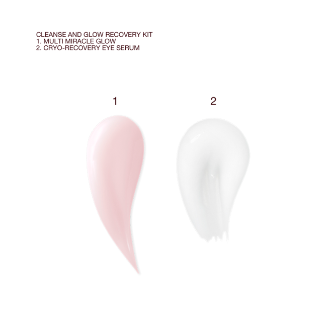 Cleanse and Glow Recovery Kit swatches Swatches of a pink, three-in-one cleansing balm and white-coloured glowy eye serum.