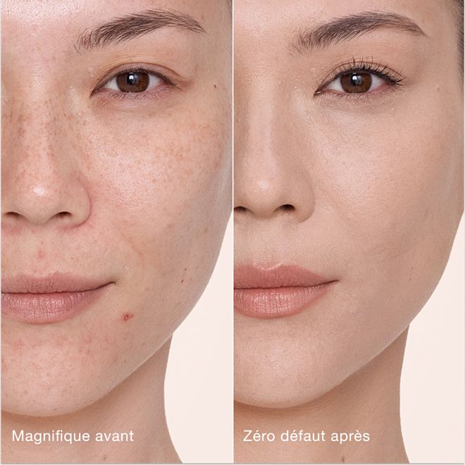 Avant/après avec Airbrush Flawless Concealer - 3.5 Fair (Clair) Comparaison côte à côte montrant la peau avant et après l'application de l'Airbrush Flawless Concealer de Charlotte Tilbury, avec les étiquettes de texte « Magnifique avant » et « Zéro défaut après ».