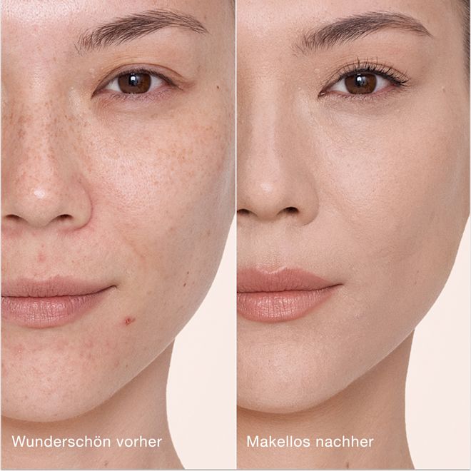 Airbrush Flawless Concealer – 3.5 Fair, vorher und nachher Ein direkter Vergleich zeigt die Haut vor und nach dem Auftragen des Charlotte Tilbury Airbrush Flawless Concealers mit den Beschriftungen „Wunderschön vorher“ und „Makellos nachher“.