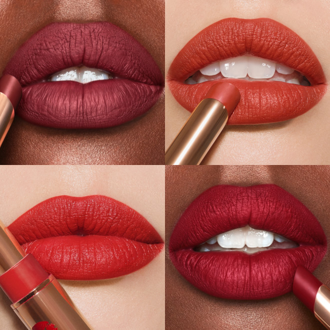 Collage of four lips close-ups of deep-tone ad fair-tone models wearing extremely pigmented matte lipsticks in shades of berry-rose, burnt orange, bright red, and bright crimson. 