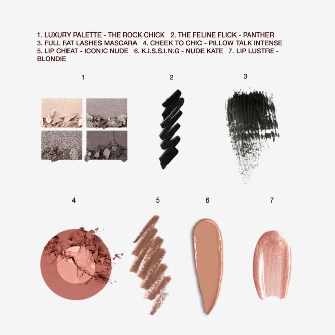 The Rock Chick Deep kit swatches Swatches of a quad eyeshadow palette in shades of grey and gold, black eyeliner, black mascara, two-tone blush in champagne and light pink, lip liner in nude brown, lipstick in a light caramel shade, and lip gloss in sheer pink.