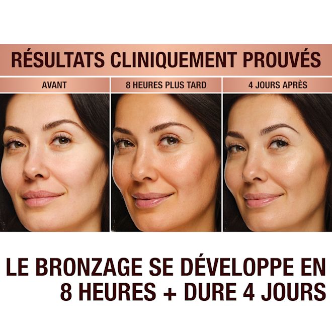 Beautiful Skin Island Glow Drops before and after Clinically proven results! A model with no tanning drops applied, the same model 8 hours after applying tanning drops, and the same model after 4 days. Tan develops in 8 hours and lasts 4 days.