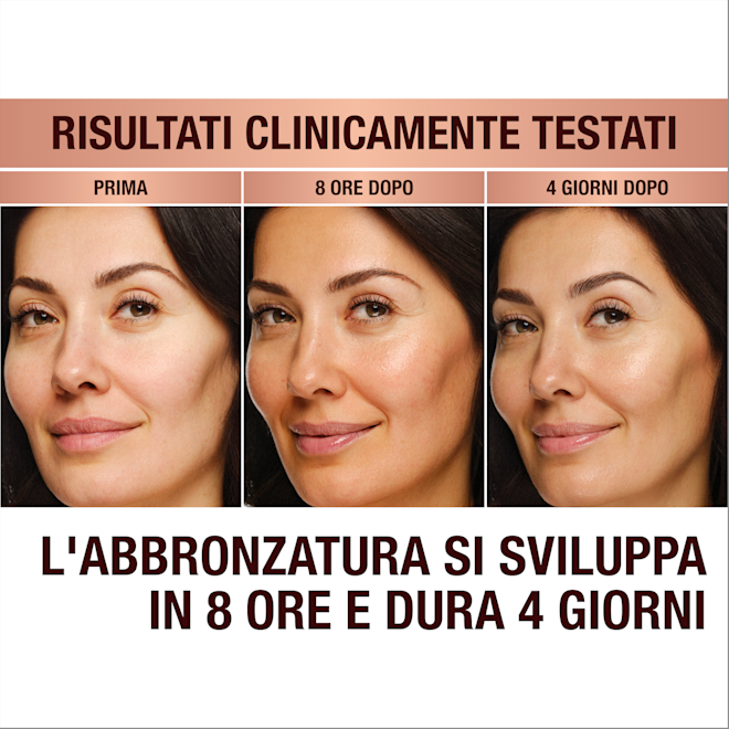 Beautiful Skin Island Glow Drops before and after Clinically proven results! A model with no tanning drops applied, the same model 8 hours after applying tanning drops, and the same model after 4 days. Tan develops in 8 hours and lasts 4 days.