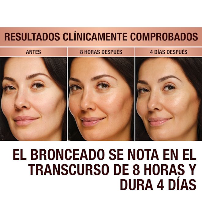 Beautiful Skin Island Glow Drops before and after Clinically proven results! A model with no tanning drops applied, the same model 8 hours after applying tanning drops, and the same model after 4 days. Tan develops in 8 hours and lasts 4 days.