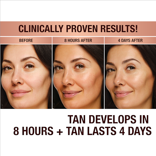 Beautiful Skin Island Glow Drops before and after Clinically proven results! A model with no tanning drops applied, the same model 8 hours after applying tanning drops, and the same model after 4 days. Tan develops in 8 hours and lasts 4 days.