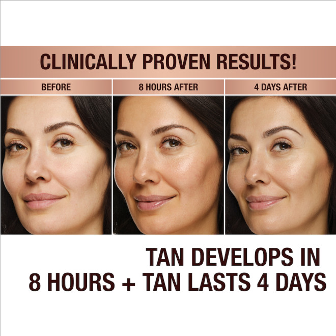 Clinically proven results! A model with no tanning drops applied, the same model 8 hours after applying tanning drops, and the same model after 4 days. Tan develops in 8 hours and lasts 4 days.