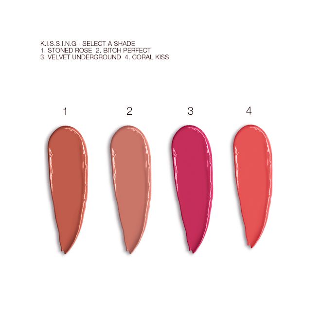 K.I.S.S.I.N.G Lipstick Swatches Swatches of four, satin finish lipsticks in shades of dark terracotta, bright coral, cool beige, and magenta.