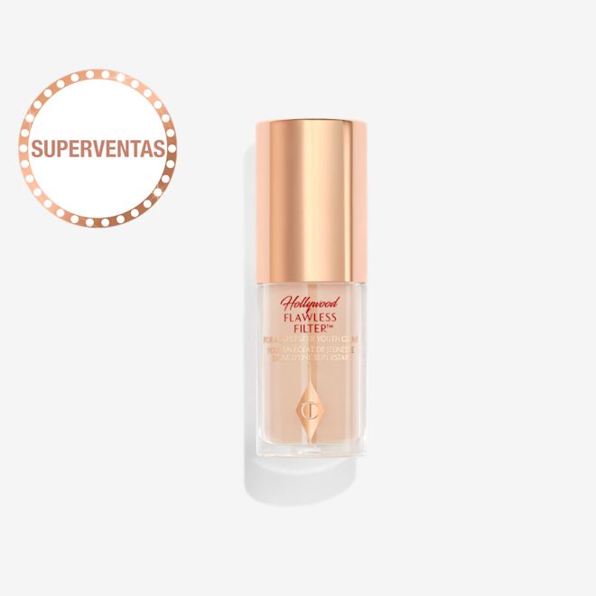 Hollywood Flawless Filter en tono 2 tamaño mini cerrado Primer potenciador del resplandor abierto en envase de vidrio con tapa color rosa dorado.