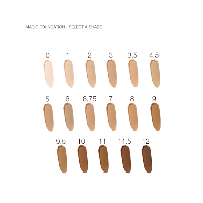 Magic Foundation swatches Swatches of a foundation in twelve different shades for fair, light, medium light, medium, medium dark, and deep skin tones.