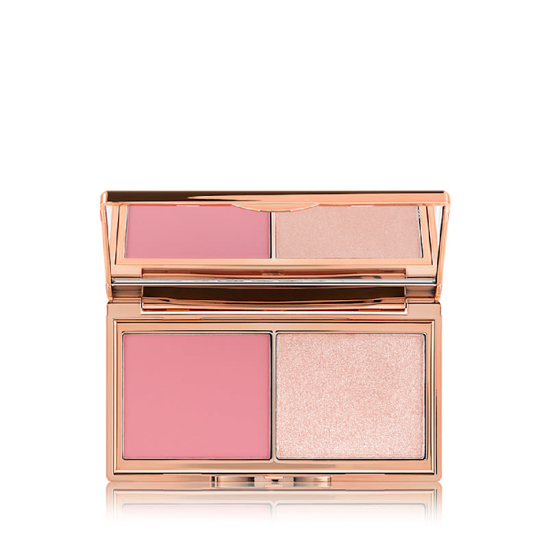 Hollywood Blush + Glow Glide Palette packshot for blog Open Hollywood Blush and Glow Glide Face Palette in Light/Medium with a rosy pink blush and pearly pink highlighter