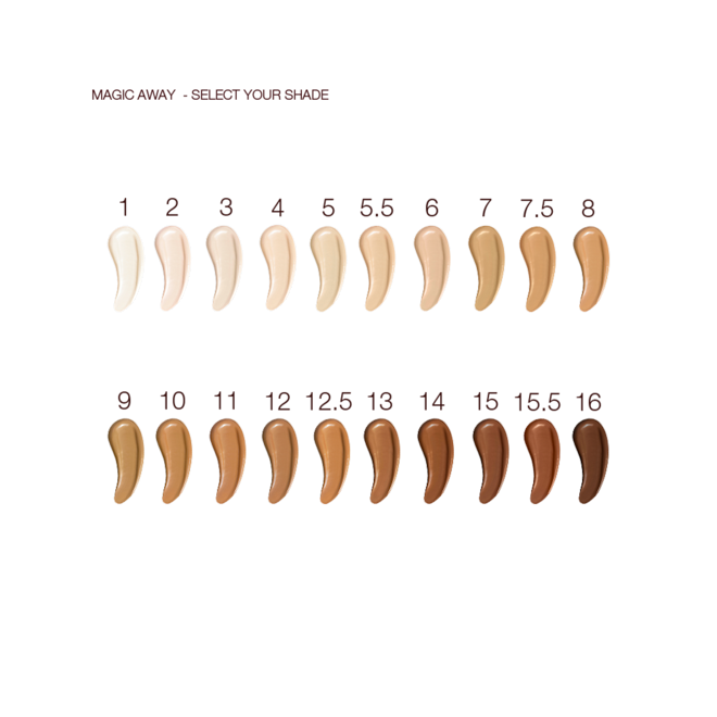 Magic Away Concealer shades swatches Swatches of twenty, liquid concealers in shades ranging from ivory, beige, and peach to light, medium, and dark brown for fair, light, medium-light, medium, medium-dark, and deep skin tones.