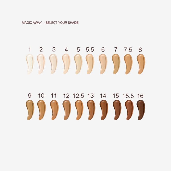 Magic Away Concealer shades swatches Swatches of twenty, liquid concealers in shades ranging from ivory, beige, and peach to light, medium, and dark brown for fair, light, medium-light, medium, medium-dark, and deep skin tones.