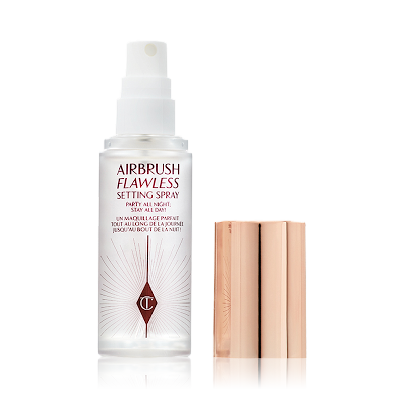 Mini Airbrush Flawless Setting Spray packshot for blog Mini travel-size version of Charlotte's Airbrush Flawless Setting Spray to fix makeup into place on the go
