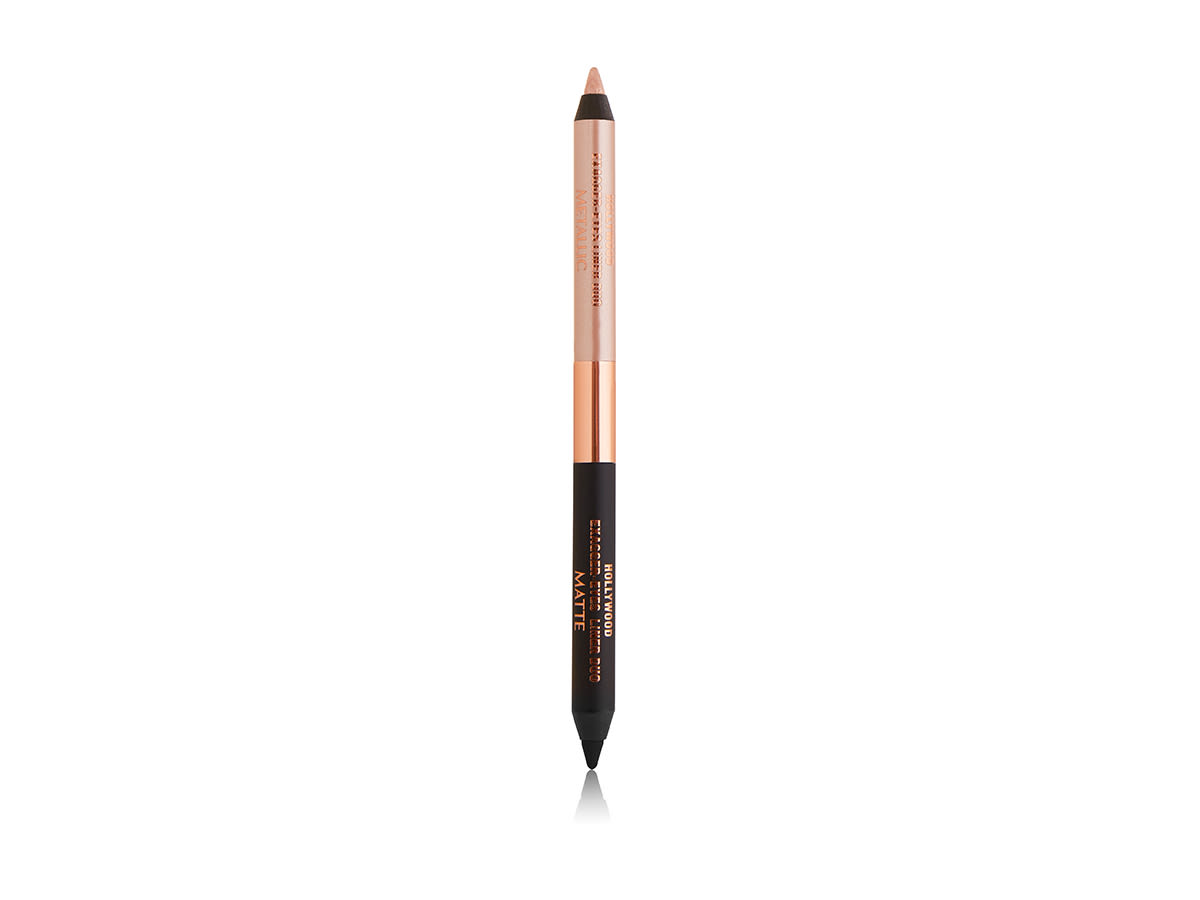 Hollywood Flawless Filter Duo Eyeliner open An open, double-sided eyeliner pen in black and soft champagne-beige.