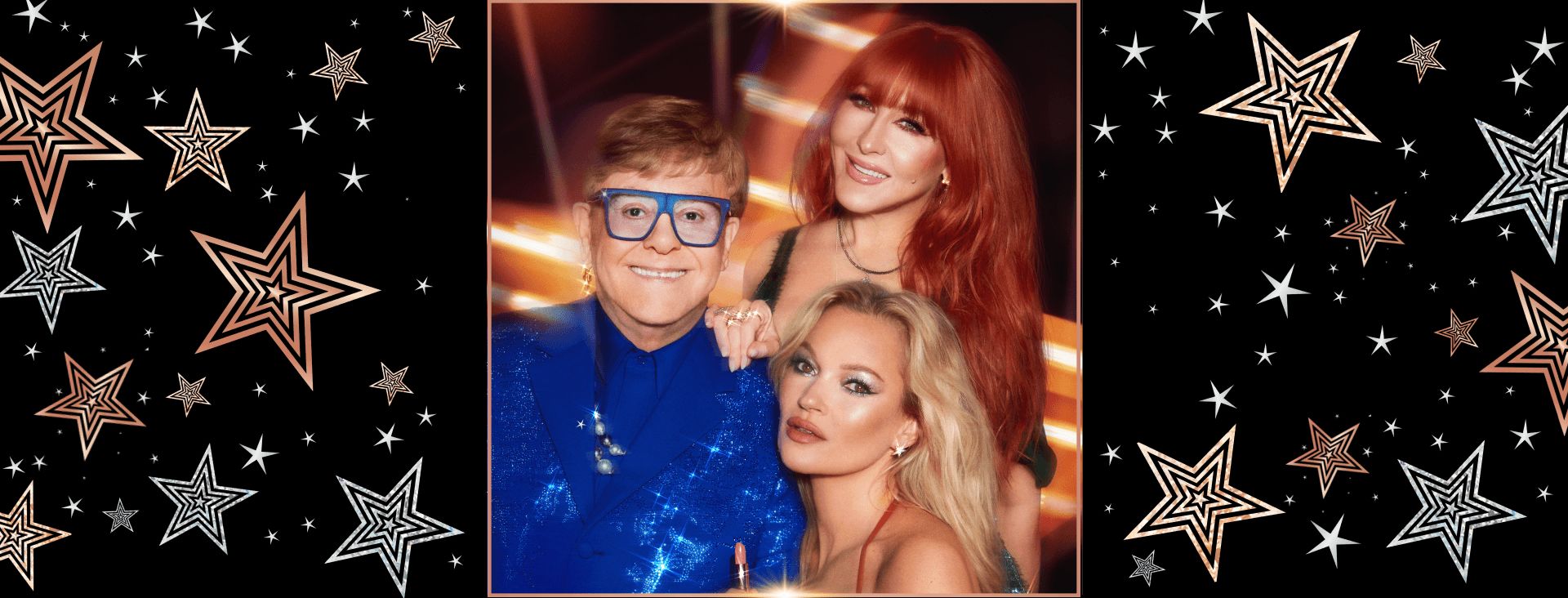 Elton John, Charlotte Tilbury and Kate Moss Elton John, Charlotte Tilbury and Kate Moss