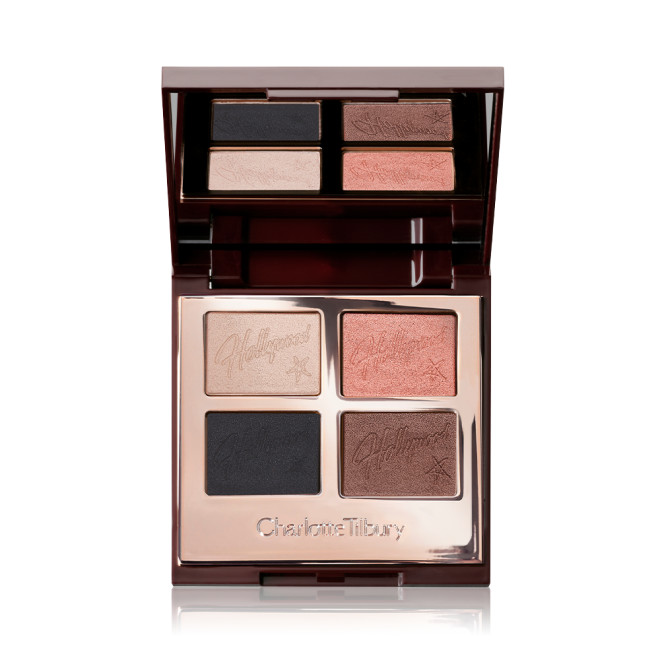 Quad eyeshadow palette with mirrored lid with matte and shimmery eyeshadows in rose gold, chocolate brown, champagne, and black.
