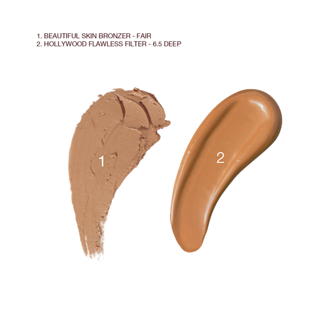 Hollywood Flawless Filter and Beautiful Skin Bronzer swatches Swatches of a cream bronzer and glowy primer in a dark brown colour.