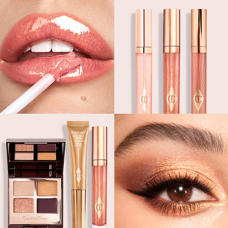 A collage of images that are close-up of a fair-tone model applying nude pink lip gloss, a brown-eyed model wearing shimmery gold eye makeup, an eyeshadow palette with liquid highlighter wand and lip gloss, and a lip gloss trio in shades of pink.
