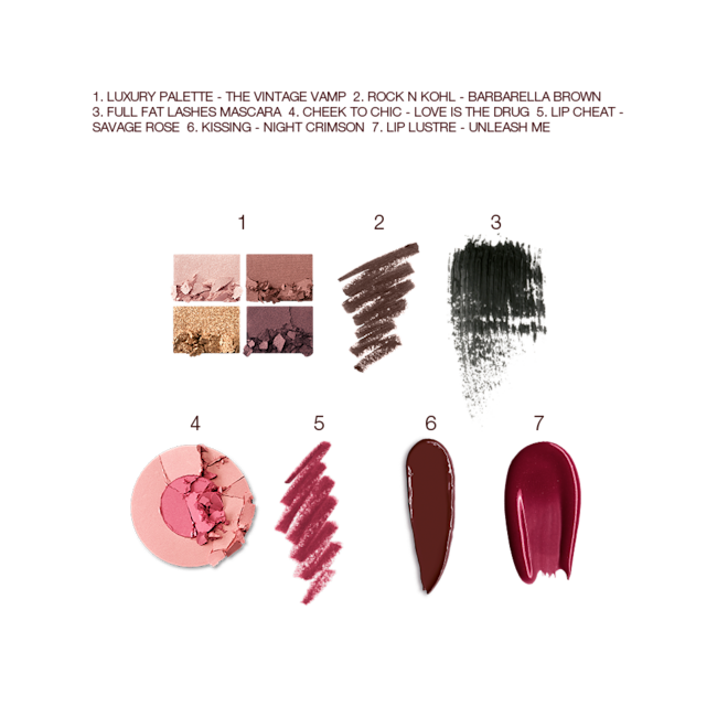The Vintage Vamp Deep kit swatches Swatches of a quad eyeshadow palette in shades of brown and gold, brown eyeliner, black mascara, two-tone blush in bright pink and rose gold, lip liner in berry-rose, lipstick in dark brown, and lip gloss in magenta.