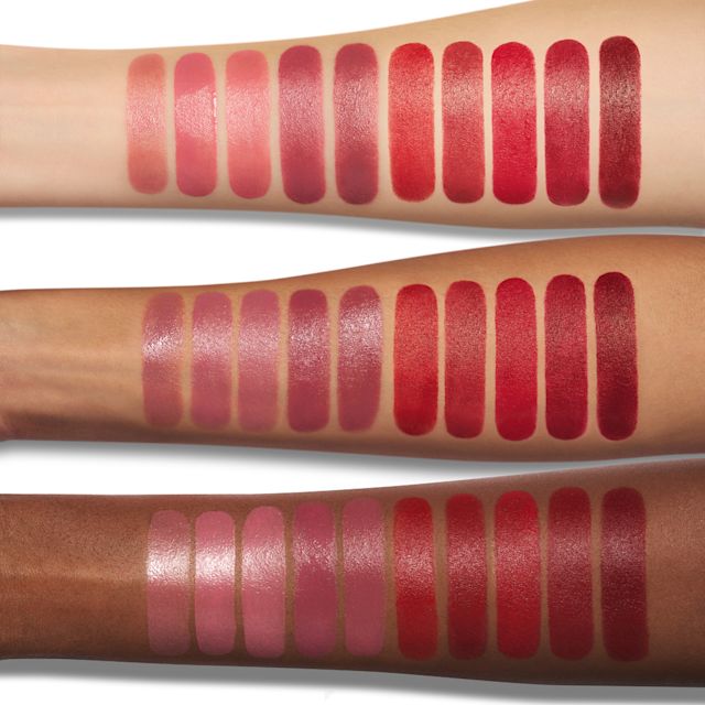 How To Choose Lipstick for your Skin Tone Charlotte's pink and red Hollywood Beauty Icon lipsticks swatched on fair medium and deep skin tones
