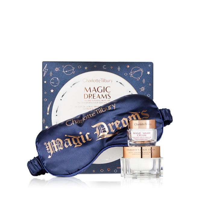 Charlotte Tilbury Magic Dreams Gift Set with a travel sized Magic Night Cream, full size Magic Cream and Eye Mask. 