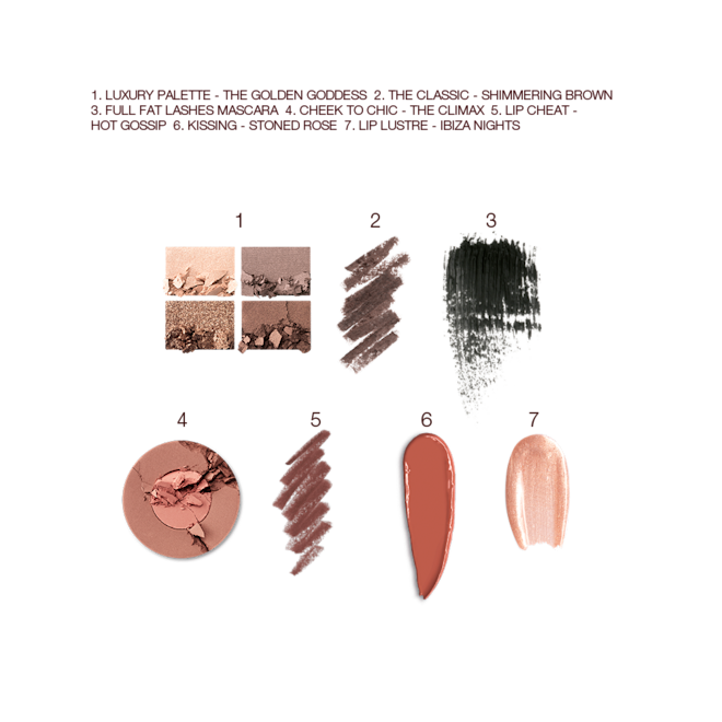 The Golden Goddess kit Deep swatches Swatches of a quad eyeshadow palette in shades of brown and gold, brown eyeliner, black mascara, two-tone blush in light brown and warm pink, lip liner in taupe-brown, lipstick in redwood, and lip gloss in sheer golden pink.