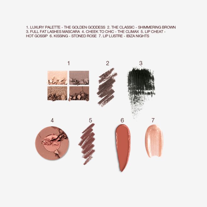 The Golden Goddess kit Deep swatches Swatches of a quad eyeshadow palette in shades of brown and gold, brown eyeliner, black mascara, two-tone blush in light brown and warm pink, lip liner in taupe-brown, lipstick in redwood, and lip gloss in sheer golden pink.