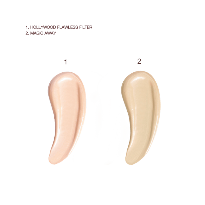 Magic Flawless Filter Kit swatches Swatches of an illuminating primer in a light peach shade and a concealer in a light beige shade.