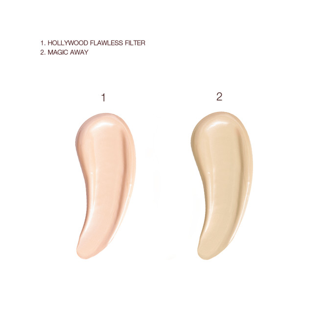 Swatches of an illuminating primer in a light peach shade and a concealer in a light beige shade. 