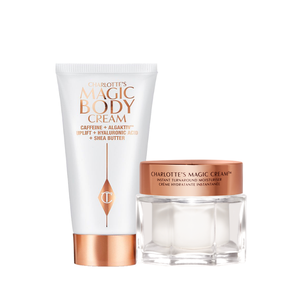 Magic Cream Travel Duo packshot for blog Charlotte's Magic Cream Face and Body Travel Duo featuring a travel-sized moisturiser and body cream