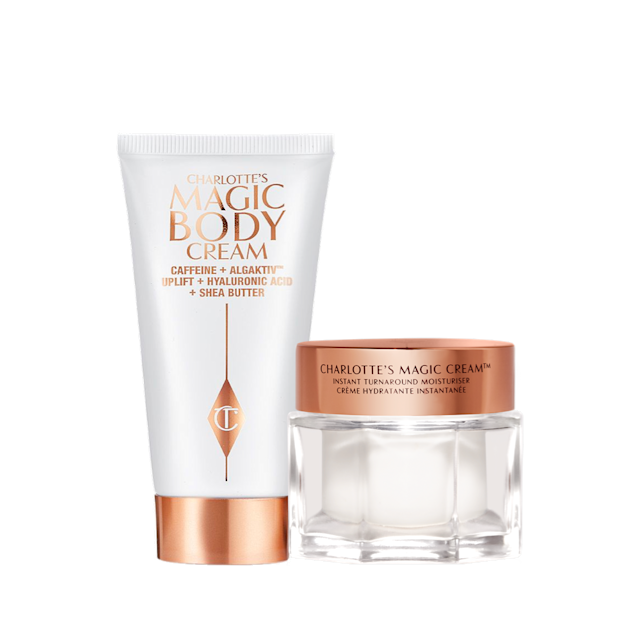 Magic Cream Travel Duo packshot for blog Charlotte's Magic Cream Face and Body Travel Duo featuring a travel-sized moisturiser and body cream