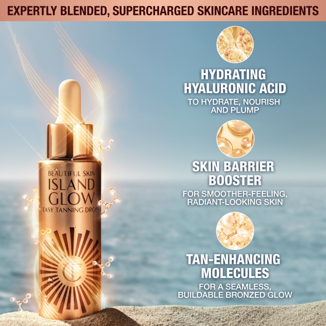 Expertly blended, supercharged skincare ingredients in tanning drops. Hydrating hyaluronic acid to hydrate, nourish and plump, skin barrier booster for smoother-feeling, radiant-looking skin and tan-enhancing molecules for a seamless, buildable bronzed glow.