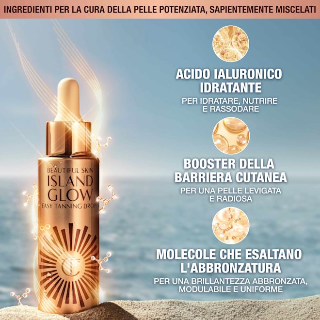 Beautiful Skin Island Glow Tanning Drops - Key Ingredients Expertly blended, supercharged skincare ingredients in tanning drops. Hydrating hyaluronic acid to hydrate, nourish and plump, skin barrier booster for smoother-feeling, radiant-looking skin and tan-enhancing molecules for a seamless, buildable bronzed glow.