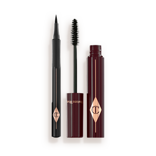 The Feline Flick Eye Kit open An open mascara with its applicator next to it in dark crimson-cloured packaging and an open eyeliner pen in black colour.