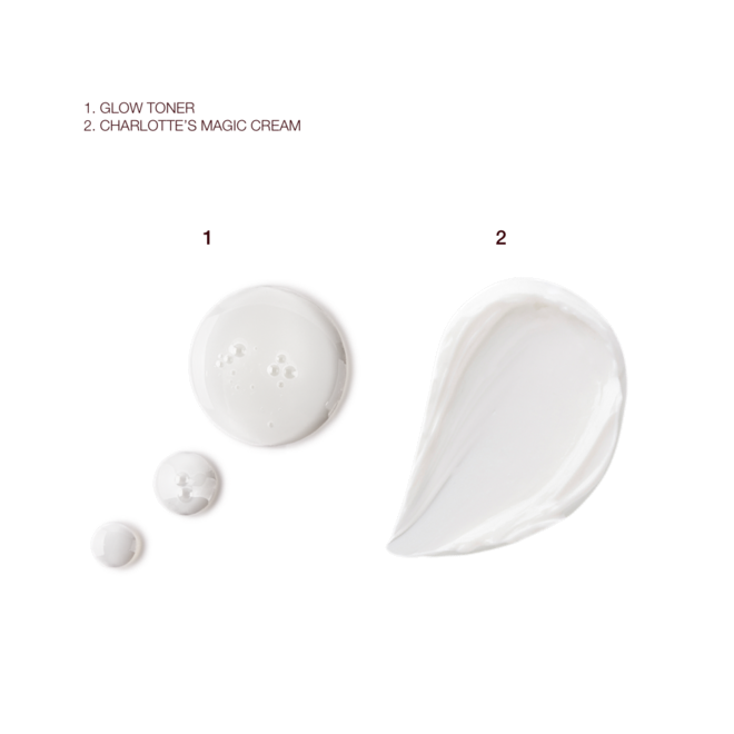 Glow Toner and Magic Cream swatches Swatches of a watery, silvery-white toner and a pearly-white face cream.