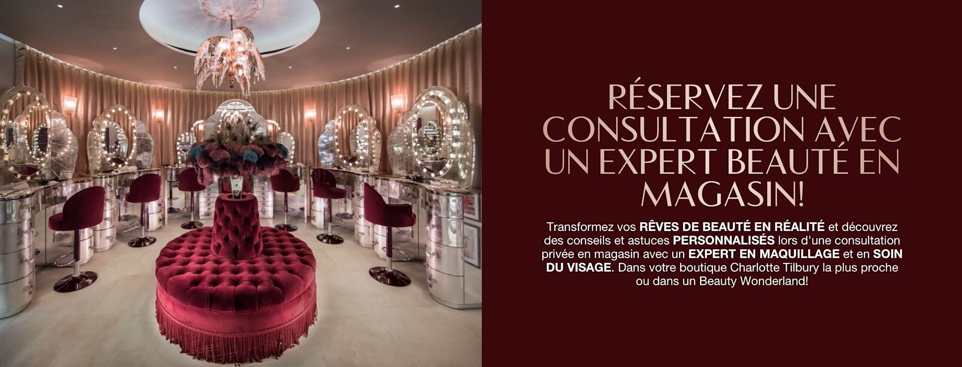 FRCA Hero-In-Store-Service-MB Banner with a fancy makeup studio with vanity mirrors with glowing lights on the walls and comfortable, red velvet makeup chairs, along with text on the banner that reads, 'Book a service with a beauty expert in store!'
