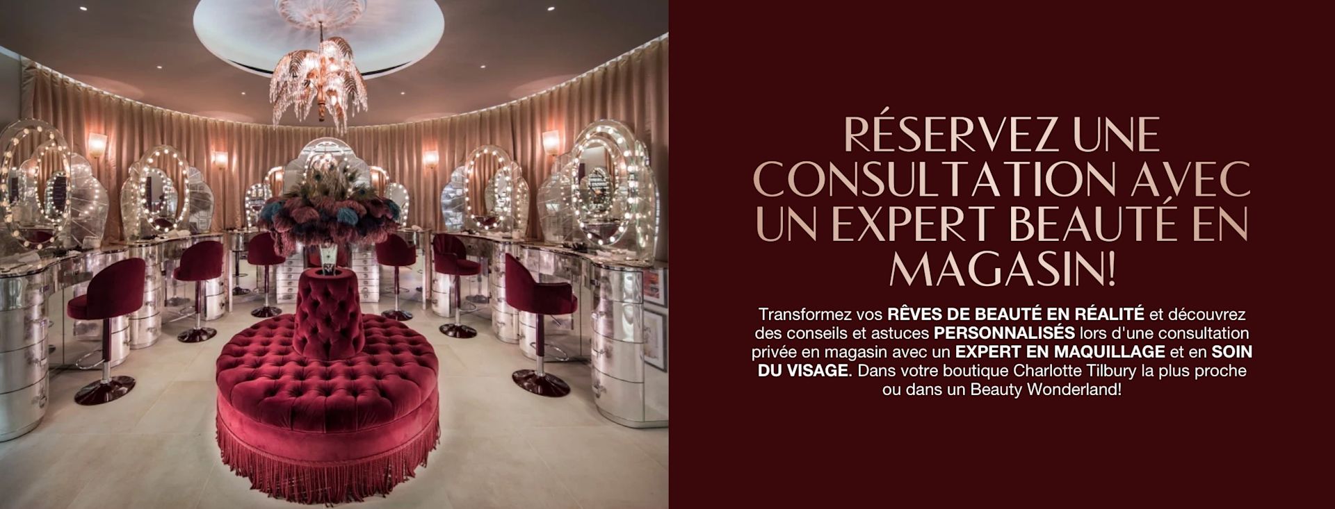 FRCA Hero-In-Store-Service-MB Banner with a fancy makeup studio with vanity mirrors with glowing lights on the walls and comfortable, red velvet makeup chairs, along with text on the banner that reads, 'Book a service with a beauty expert in store!'