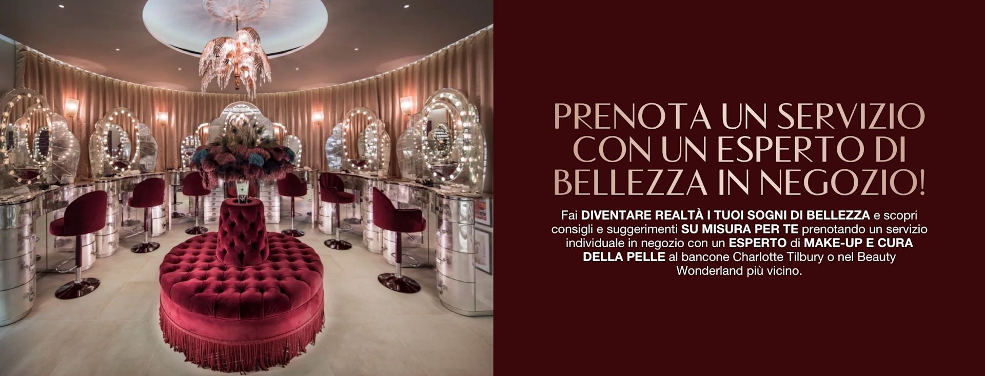 IT Hero-In-Store-Service-MB Banner with a fancy makeup studio with vanity mirrors with glowing lights on the walls and comfortable, red velvet makeup chairs, along with text on the banner that reads, 'Book a service with a beauty expert in store!'