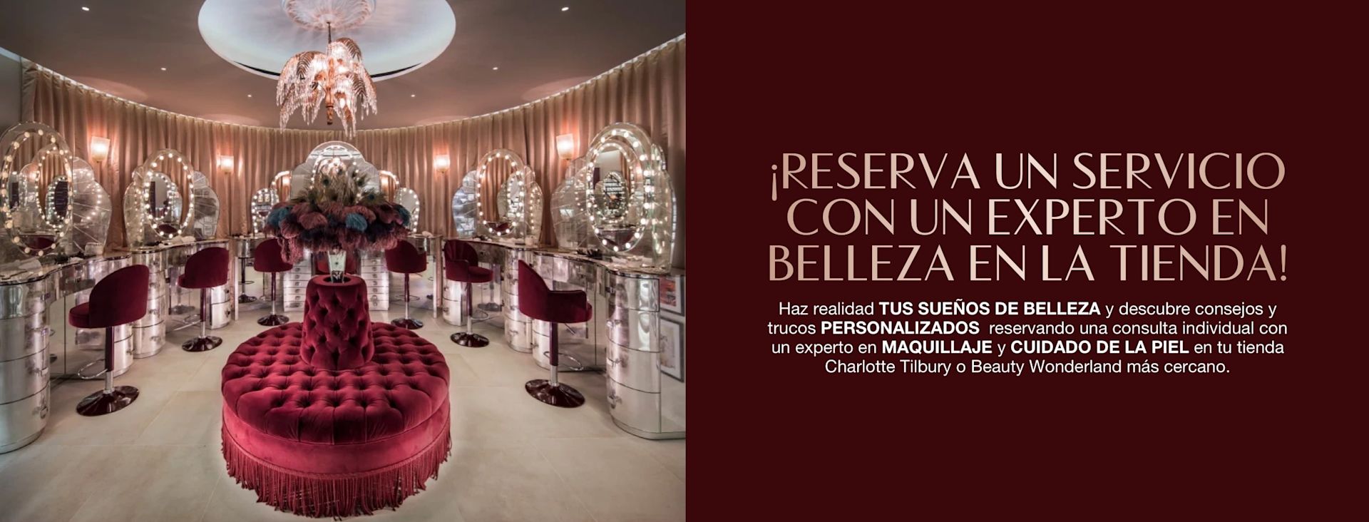 ES Hero-In-Store-Service-MB Banner with a fancy makeup studio with vanity mirrors with glowing lights on the walls and comfortable, red velvet makeup chairs, along with text on the banner that reads, 'Book a service with a beauty expert in store!'