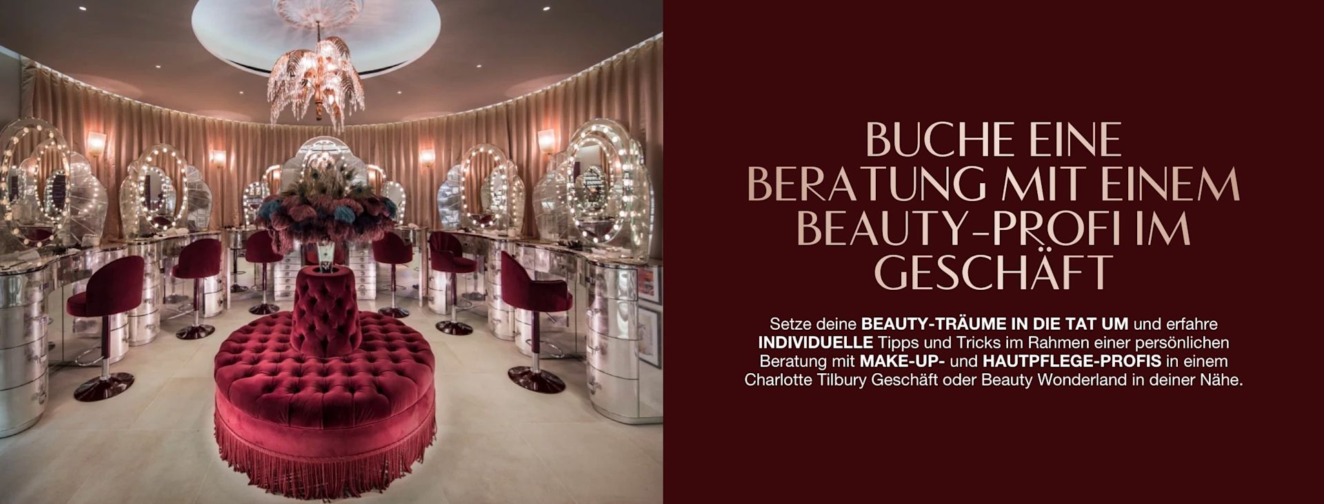 DE Hero-In-Store-Service-MB Banner with a fancy makeup studio with vanity mirrors with glowing lights on the walls and comfortable, red velvet makeup chairs, along with text on the banner that reads, 'Book a service with a beauty expert in store!'